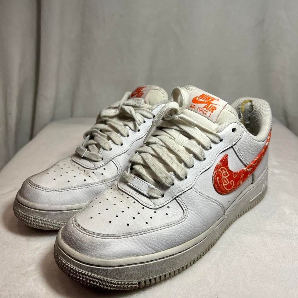 Nike Air Force 1 Low White Orange Paisley Bandana Swoosh Women's Size 9.5
